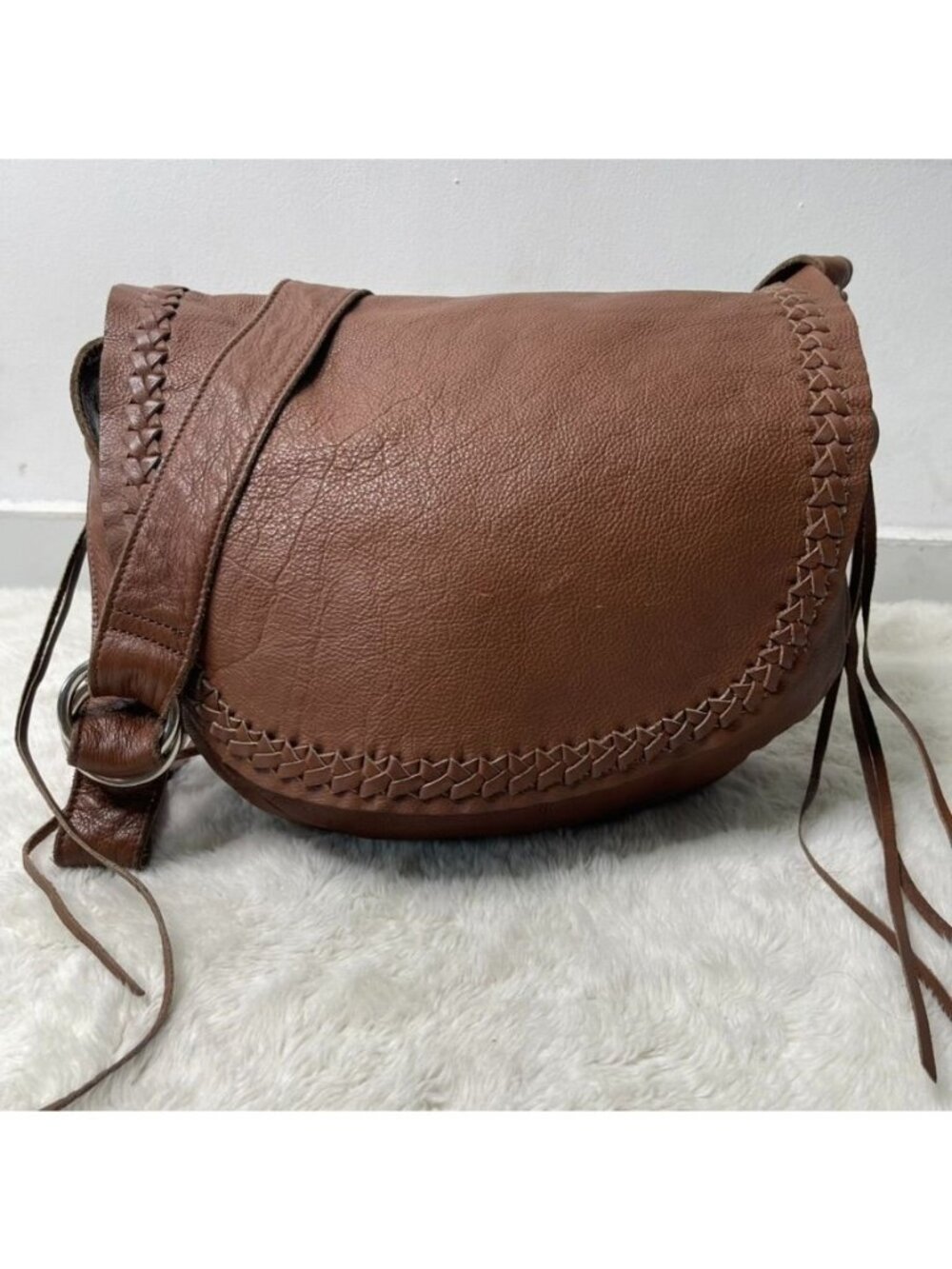 Linea Pelle Brown Leather Crossbody Bag Braided Fringe Saddle Messenger Purse